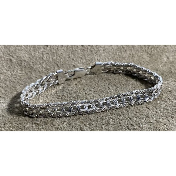 Italian .925 Silver Fancy Rope & Figaro Chain Bracelet 7" Vintage 10.9g - Picture 1 of 9